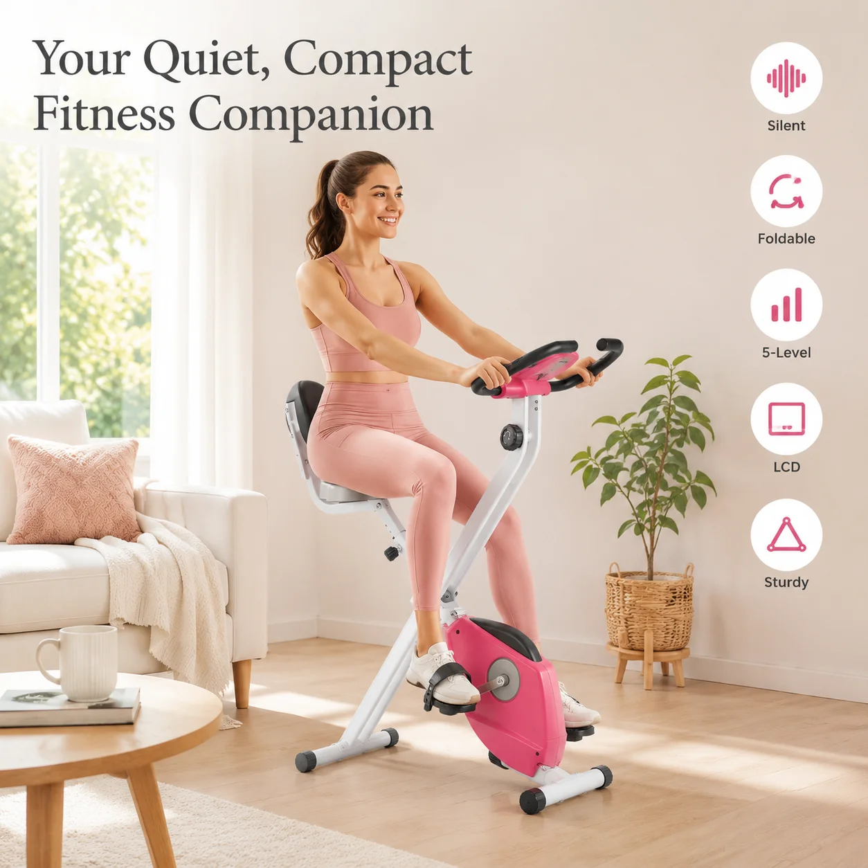 Vélo d'exercice pliable, vélo d'appartement magnétique avec résistance magnétique à 8 niveaux, hauteur réglable sur 5 niveaux, cadre en acier, écran LCD, pour entraînement cardio à domicile, tonification des jambes et des hanches, 43x97x109cm, rose