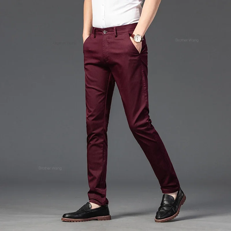 New Men\'s Business Straight Striped Casual Pants High Quality British Fashion Soft Elastic Trousers Black White Khaki Gray