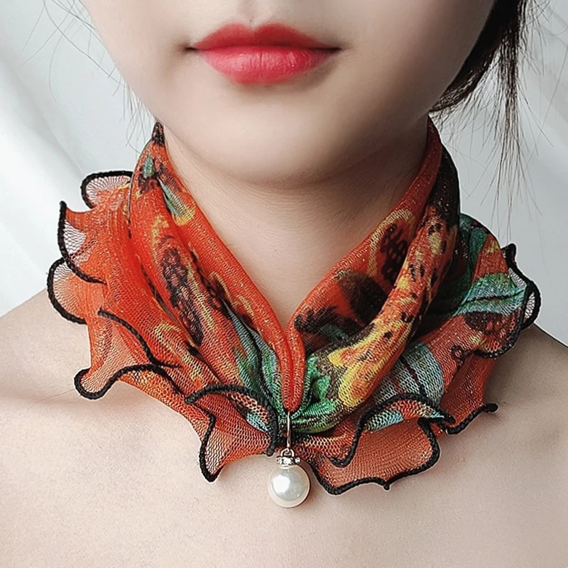 New Fake Pearl Pendant Scarf Necklace Women Printed Lace Neck Collar Chiffon Bib Laides Fashion Jewelry Accessory Gift Scarves