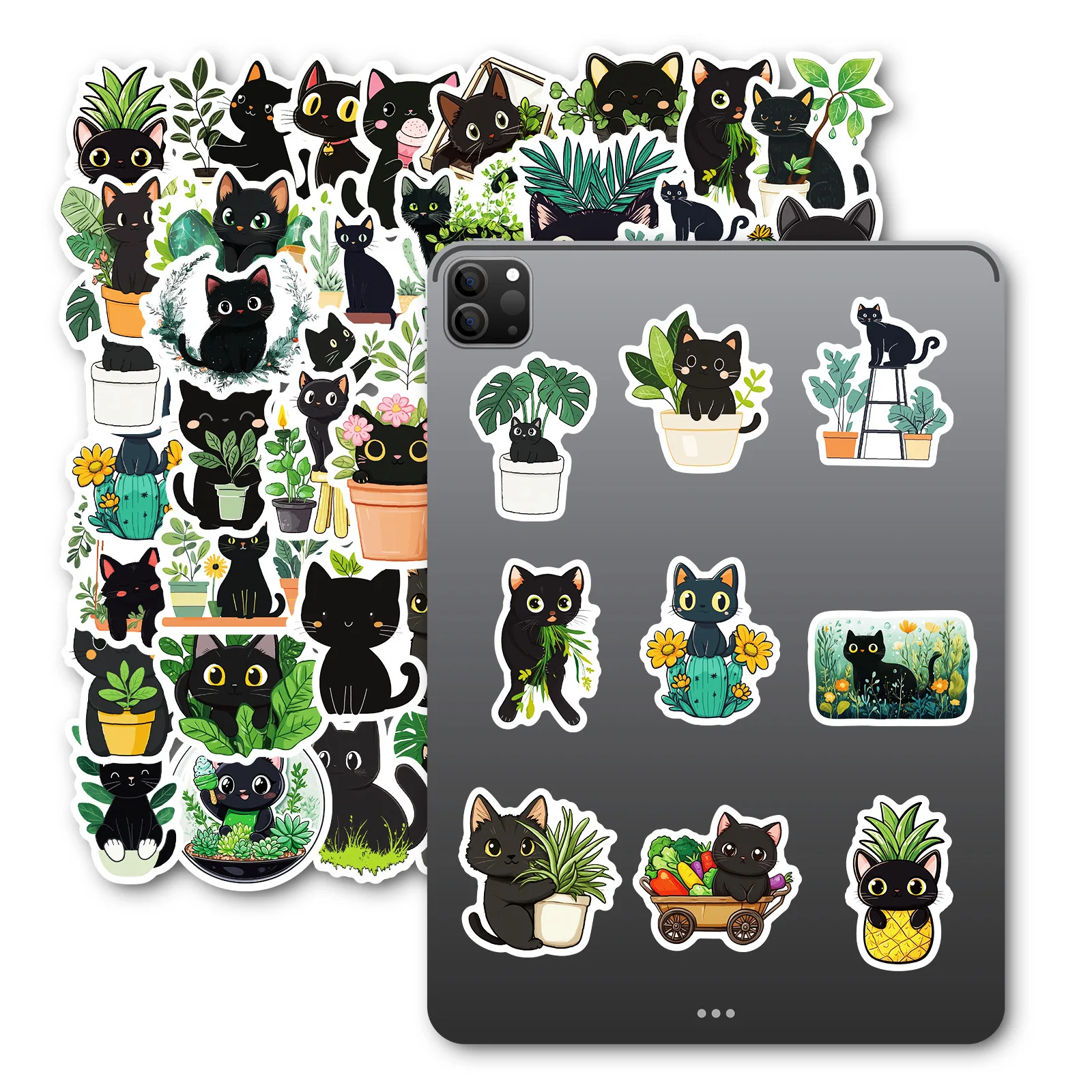 50Pcs hand drawn plant black cat graffiti decoration stickers cartoon water cup guitar computer skateboard stickers