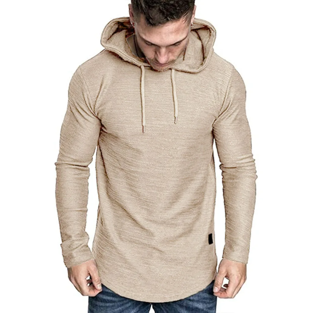 Herren-Langarm-T-Shirt mit Kapuze, Kordelzug, Baumwolle, lässig, gemütlich, einfarbig, schmale Passform, für Herren, Sport, Fitness, atmungsaktiv – Detail 17