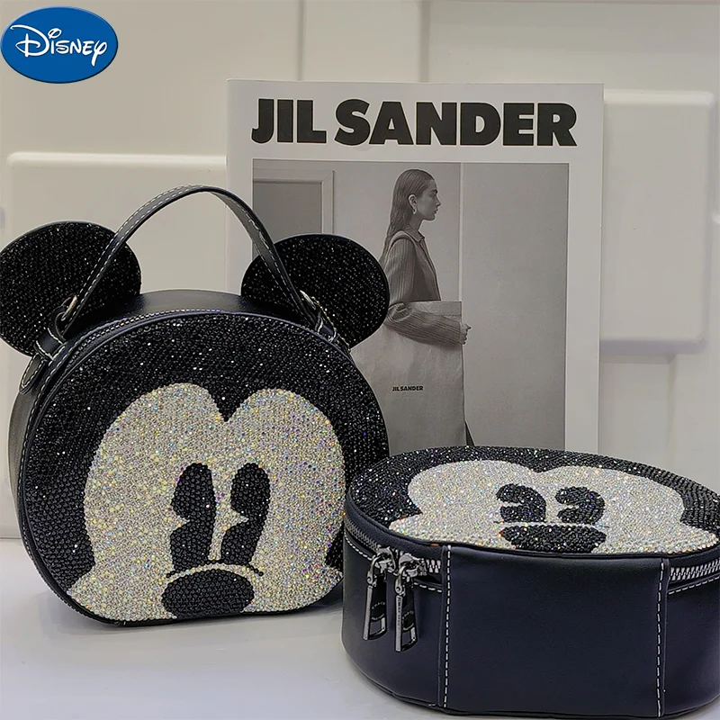 

Disney Diamond Mickey Shoulder Bag Portable Slung Black Small Round Bag Kawaii Girls Fashion Joker Backpack Girl Birthday Gift