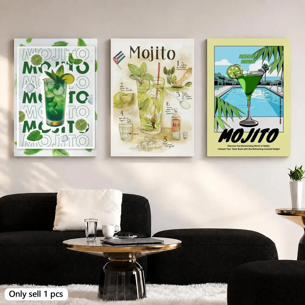 Cocktail Drink Mojito Framed Wall Painting Canvas Art Poster Solid Wood Frame for Room Living Home Decor
