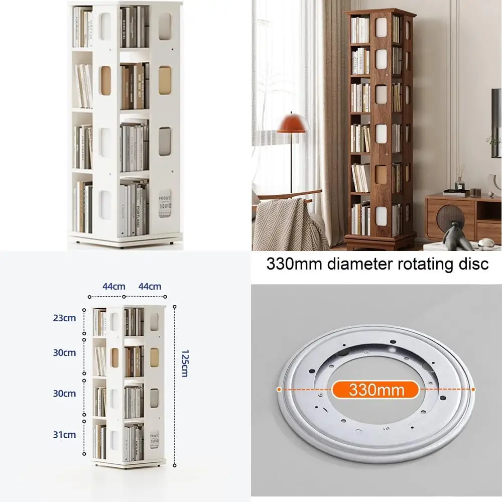 Wooden 4-Tier Rotating Bookcase for Home Office, 360° Swivel, 44 x 125 cm, Narrow Design, Space-Saving Storage Solution
