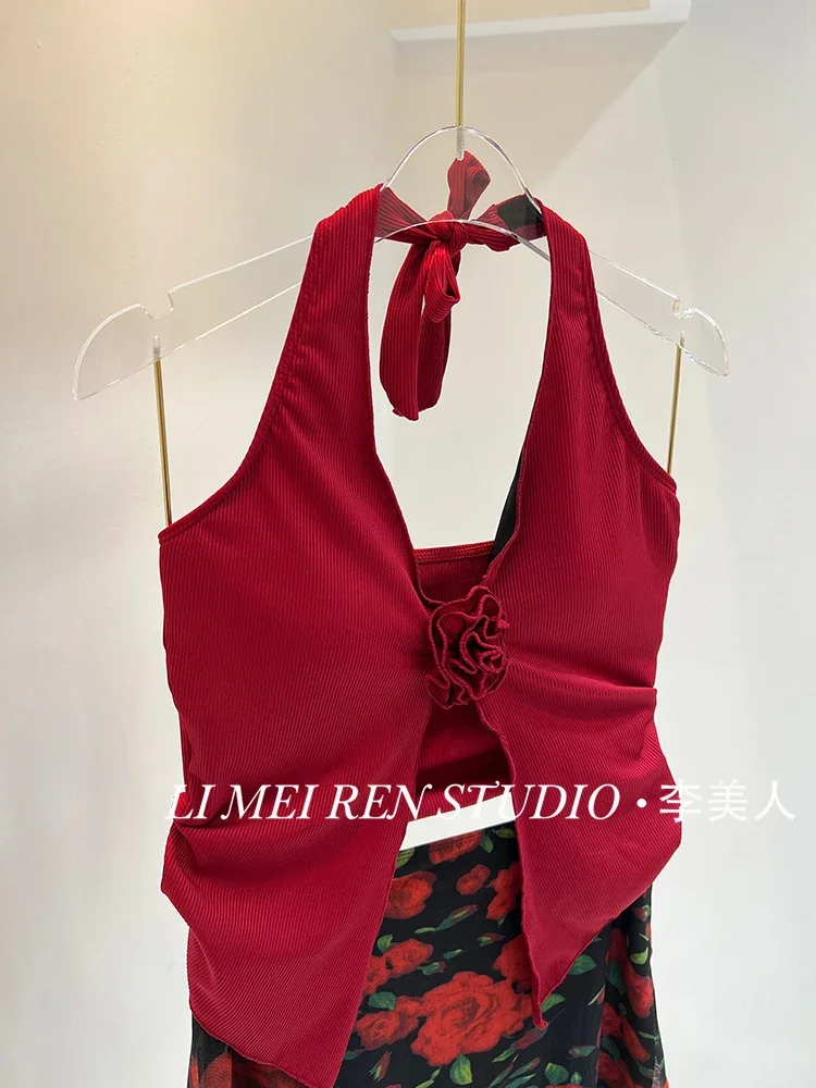 New sexy hot girl red flower camisole vest skirt style split swimsuit