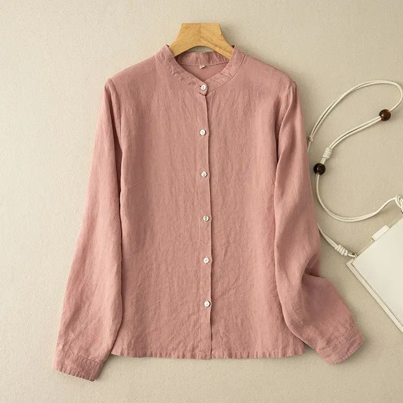 Artistic Retro Loose Cotton Linen Long Sleeved Shirt for Women Spring and Summer New Item Round Neck Mid Length Shirt Jacket