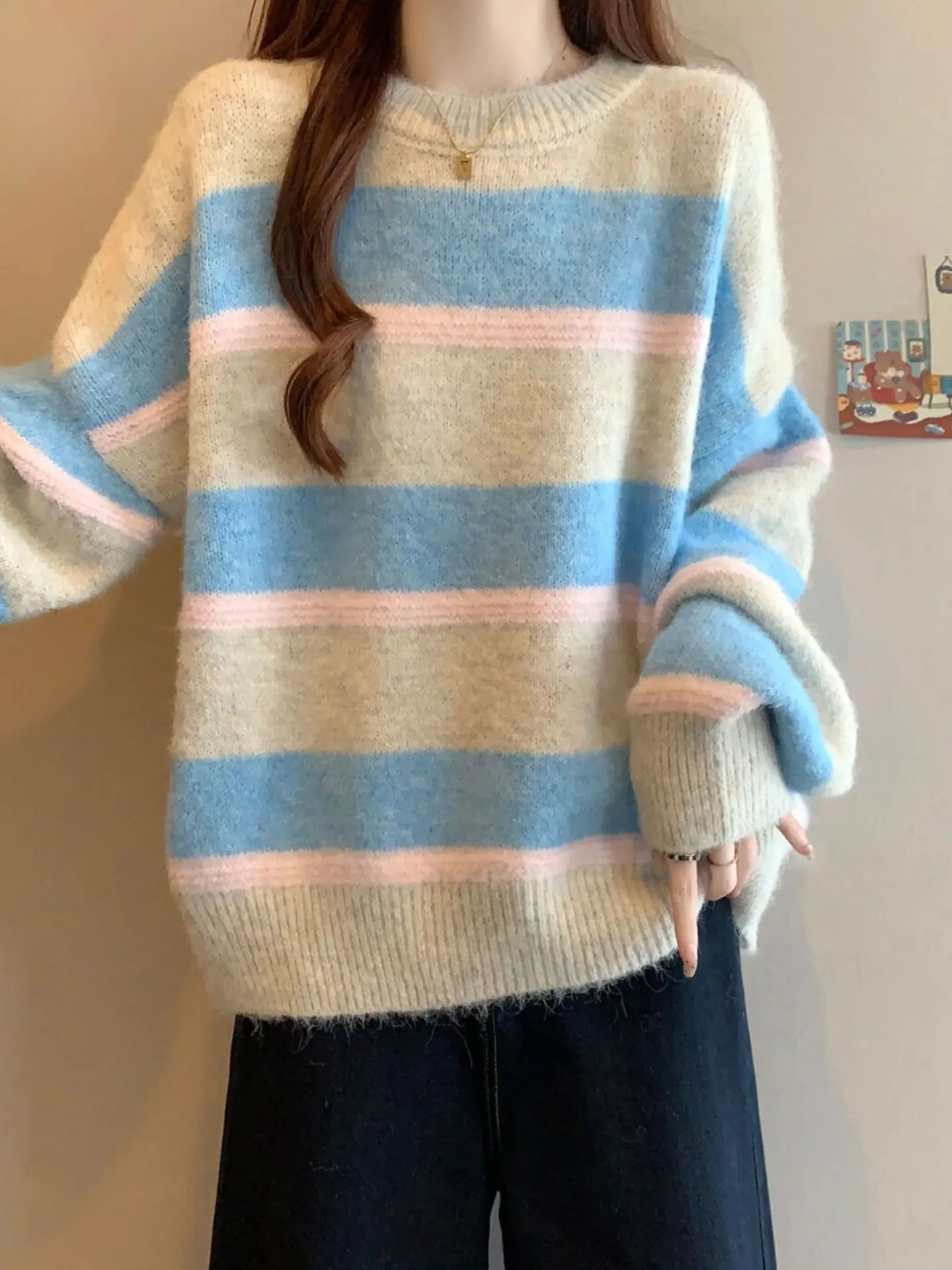 

Korean Sle Long Sve Striped Sweater Women's Autumn Winter plus Size Loose Fit Soft Woolen Yarn Comfortable Lazy Sle Top