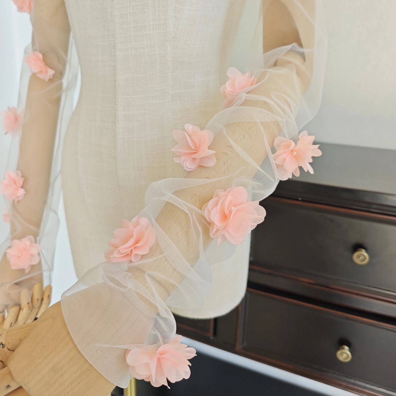 Gaze de mariage manches en Tulle doux fleur 3d rose mignon accessoires Photo de mariage en plein air