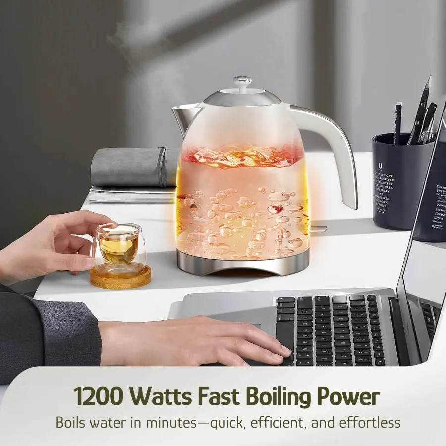 Bouilloire électrique 1,7 litres bouilloire à eau en acier inoxydable sans BPA intérieur 1200W Base rotative sans fil à ébullition rapide automatique