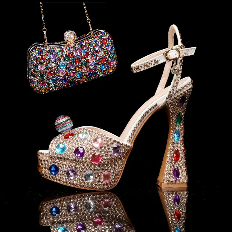 

Новые цветные туфли на высоком каблуке с бриллиантами и кристаллами, разноцветные женские туфли в европейском и американском стиле для банкета, свадьбы, подружек невесты, 43