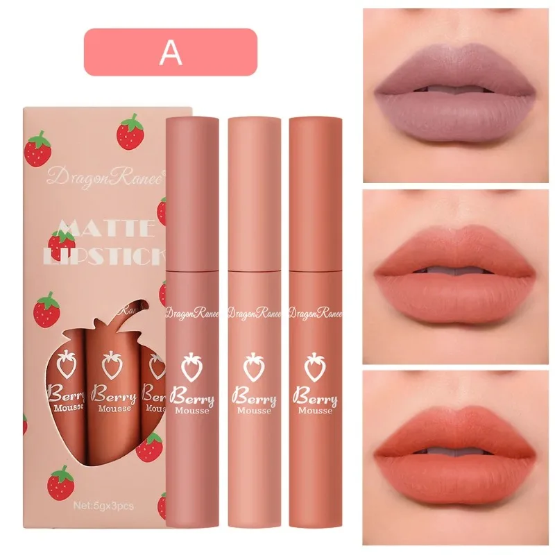 Set di smalti per labbra alla fragola da 3 pezzi Rossetto liquido opaco in velluto Rossetto Tazza antiaderente