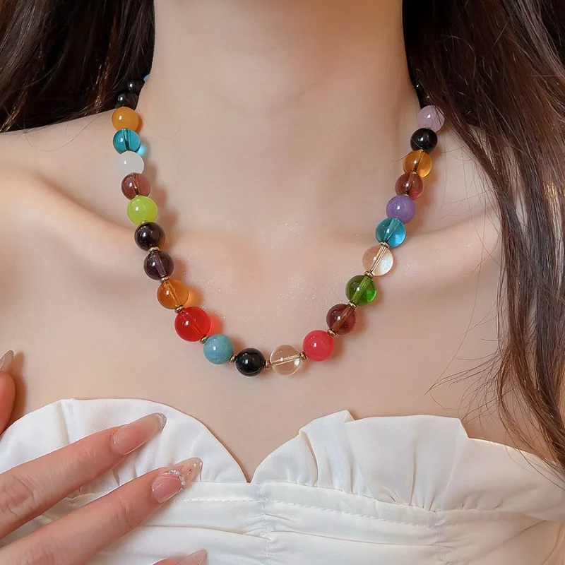Minar Bohemia Rainbow Natural Stone Glass Beads Beaded Necklace for Women Real Gold Plated Copper Bao Yuan Button Strand Chokers