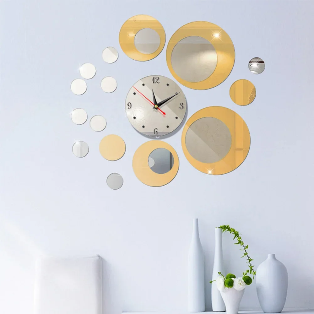 3D Round Color Matching Diy Combination Mirror Wall Clock Acrylic Home Stickers Personality Mute Modern Living Room Decoration