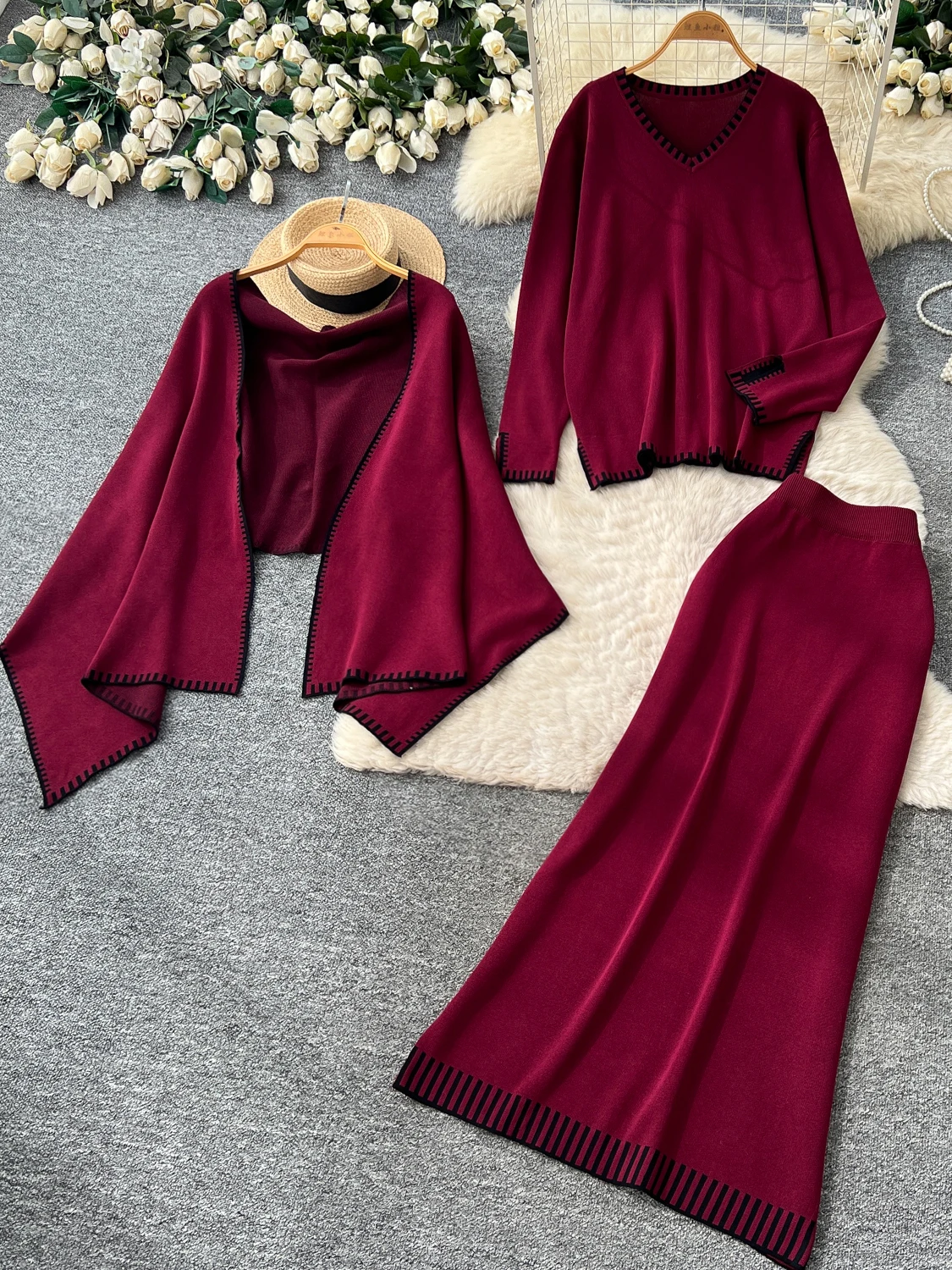 Red Knitted Shawl Long Sleeve Top And  Skirt Set Women's Fashion Autumn Slimming Style Casual Commute Look Ensemble