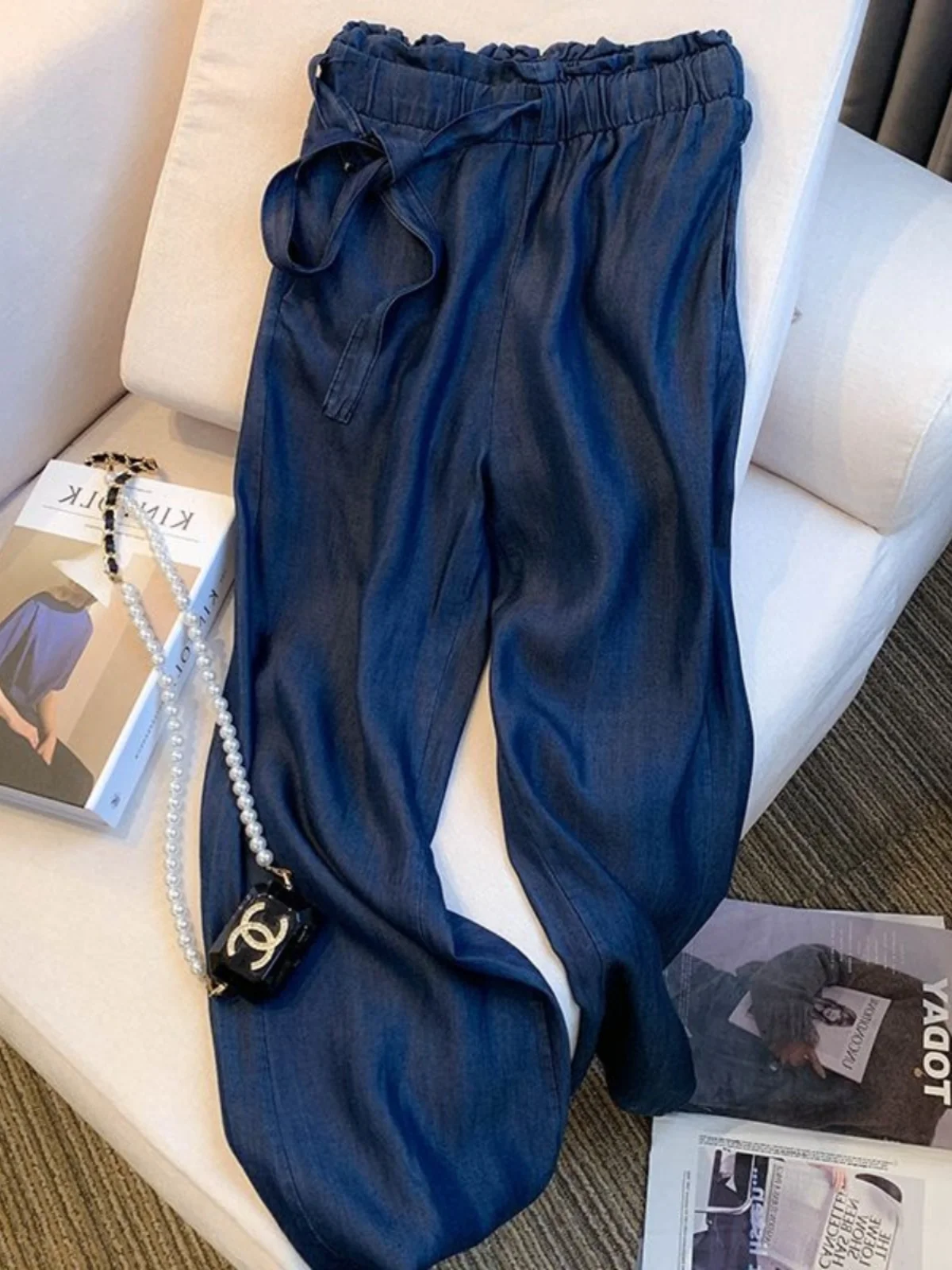 

Женские драпированные джинсы очень большого размера с высокой талией, свободные широкие брюки длиной до пола, модные повседневные летние джинсы