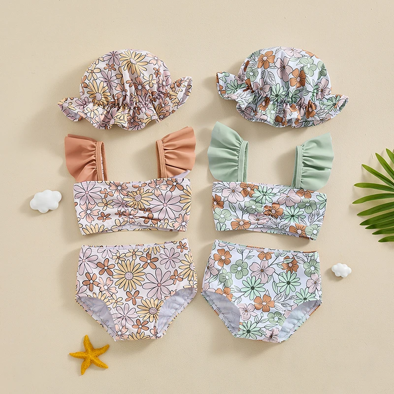 Baby Girl Swimsuit Fly Sleeve Floral Print Tube Top Shorts with Sun Hat Bikini Toddler Girl Swimwear