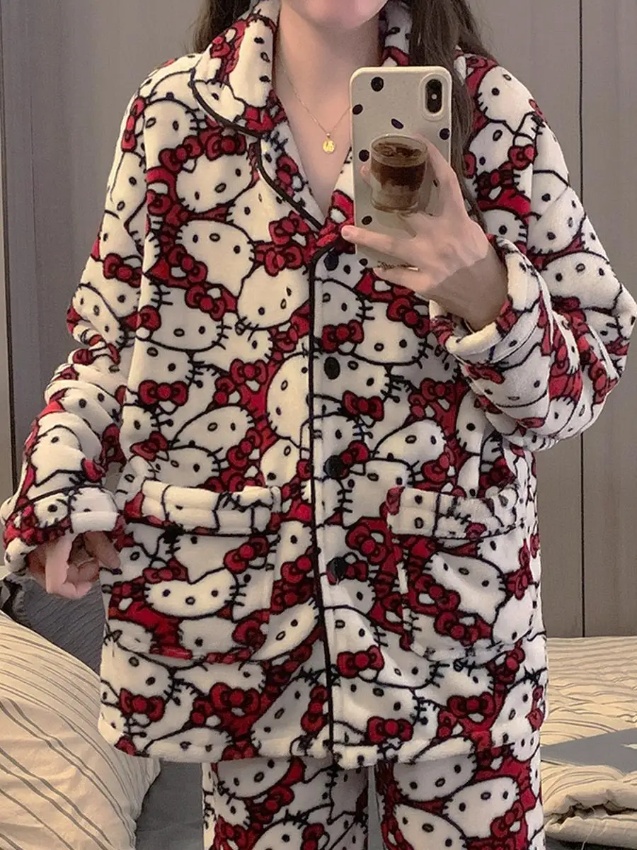 Sanurgente-Pyjama en velours Hello Kitty, ensemble de vêtements de maison d'hiver, manches longues, dessin animé mignon, cœur girly, plus velours, sites de Noël, fjWinter