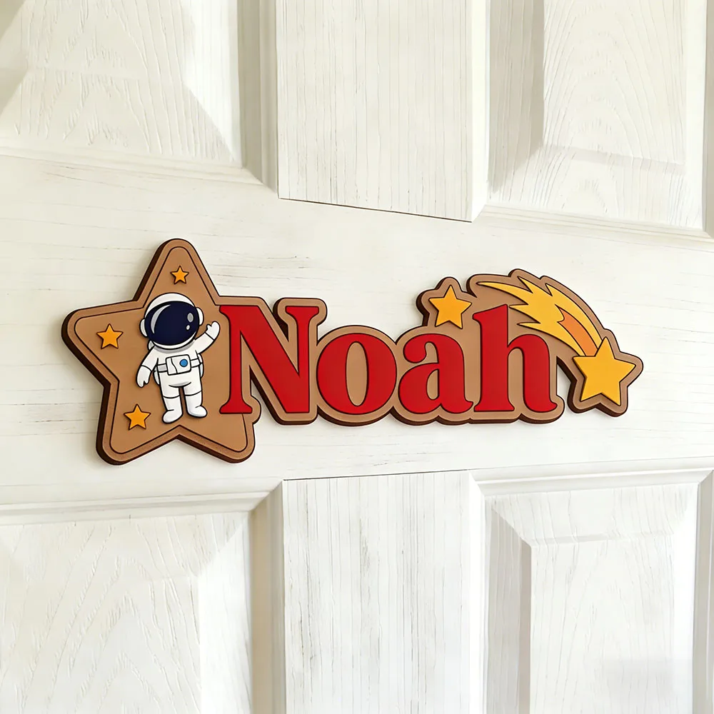 Space Astronaut & Shooting Star Custom Name Sign Galaxy Nursery Wall Art Personalized Wooden Plaque for Kids Room