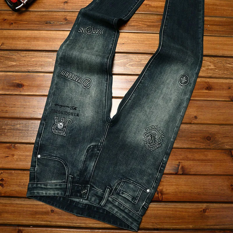 Zwart Grijze Jeans Slim Fit Heren Enkelgebonden Trendy Modeblauw Elastisch Driedimensionaal Bedrukken Betaalbare Luxe Mode All-