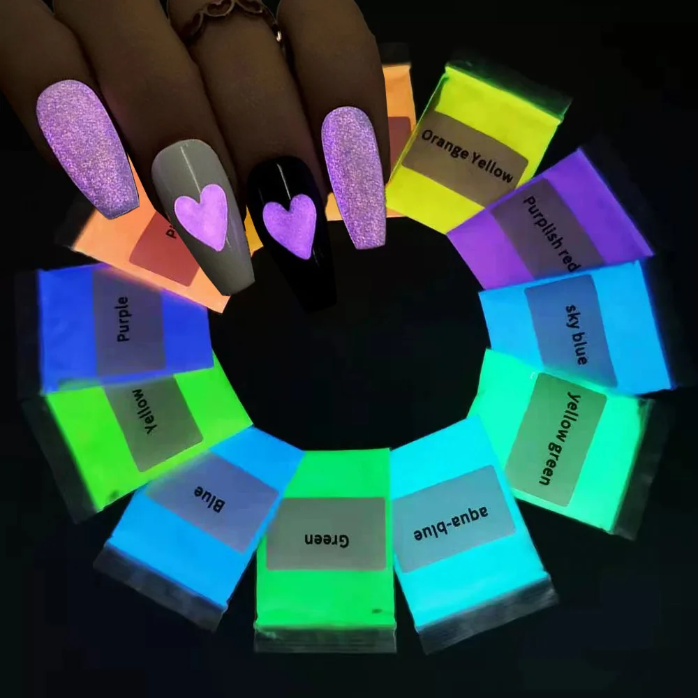 10 g/saco luminoso arte do prego em pó-brilhar no escuro pigmento de néon-12 cores fluorescência luminou fósforo manicure corpo pó cosmético