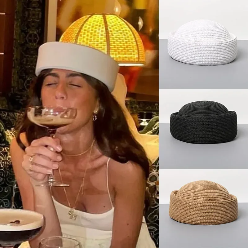 

Новые женские береты из натуральной пшеничной соломы ручной работы, богемная пляжная шляпа от солнца с круглой вогнутой тульей, соломенная шляпа-берет, шляпа-пилбокс от солнца