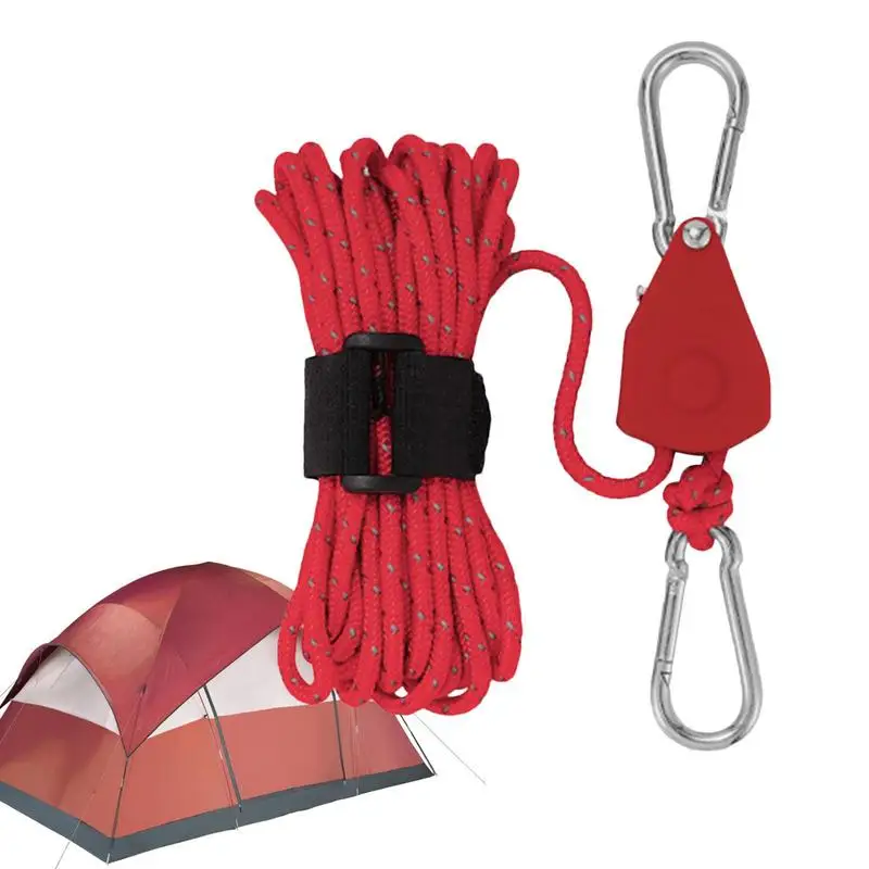 Tent Guy Ropes With Pulley Camping Cord Pulley System Reusable Tent Tie Downs Rope Hanger 4mm Reflective Cord With Adjuster For