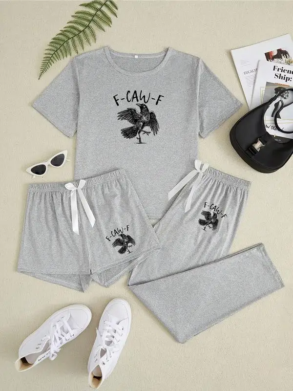 Set di indumenti da notte da donna in 3 pezzi, pigiama con stampa corvo, stile aderente casual, indumenti da notte comodi per tutte le stagioni, tessuto moderato spesso