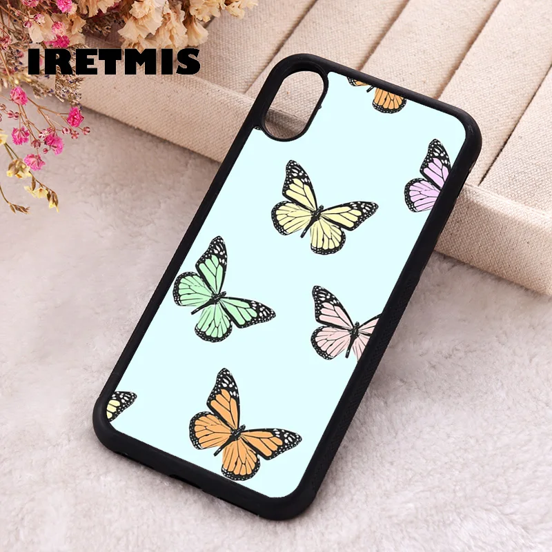 Iretmis Phone Cover Cases For iPhone X XS Max XR 11 12 13 PRO MINI 14 15 16 Plus Rubber SiliconeMulti-Color Pastel Butterfly