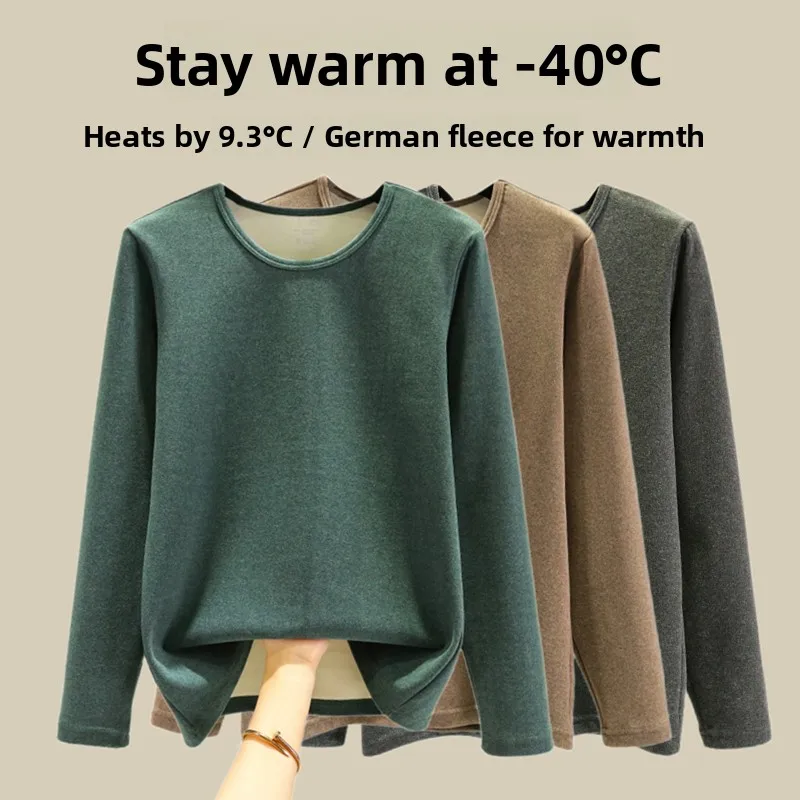 Men's Long Sleeve Fleece Lined Thermal Shirt Double Sided Brushed Warm Top Polyester Spandex Blend round Neck Single Layer