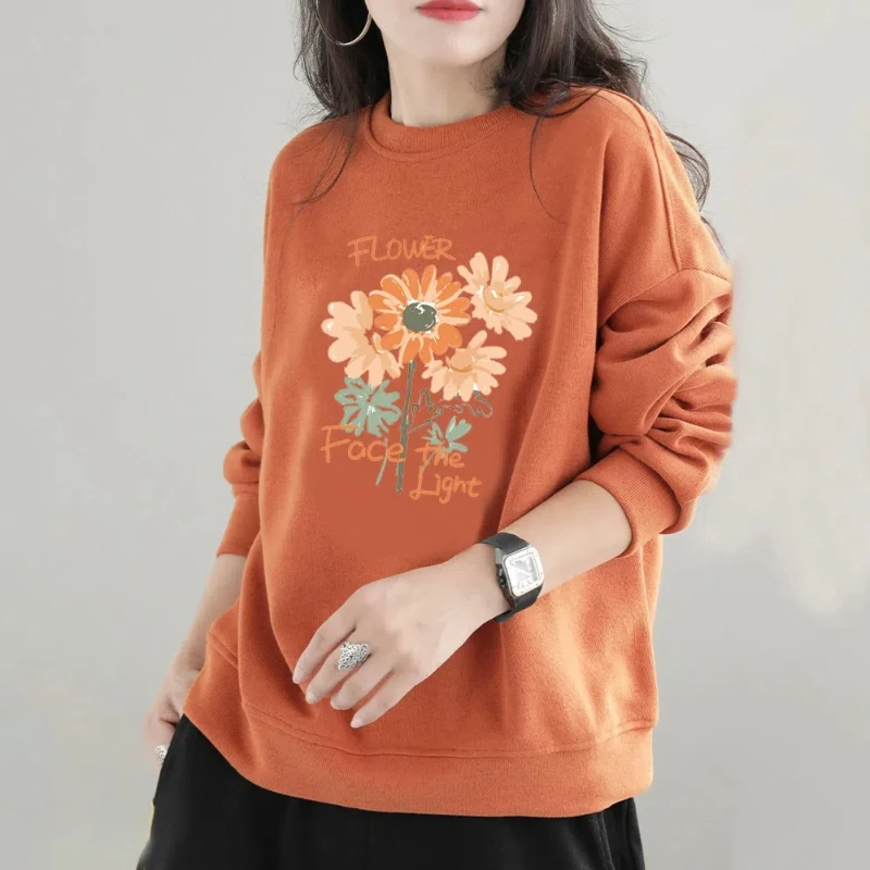 New Spring and Autumn Women\'s Solid Color O-Neck Long Sleeve Loose Letter Printed Pullovers Korean Fashion Comfortable Tops