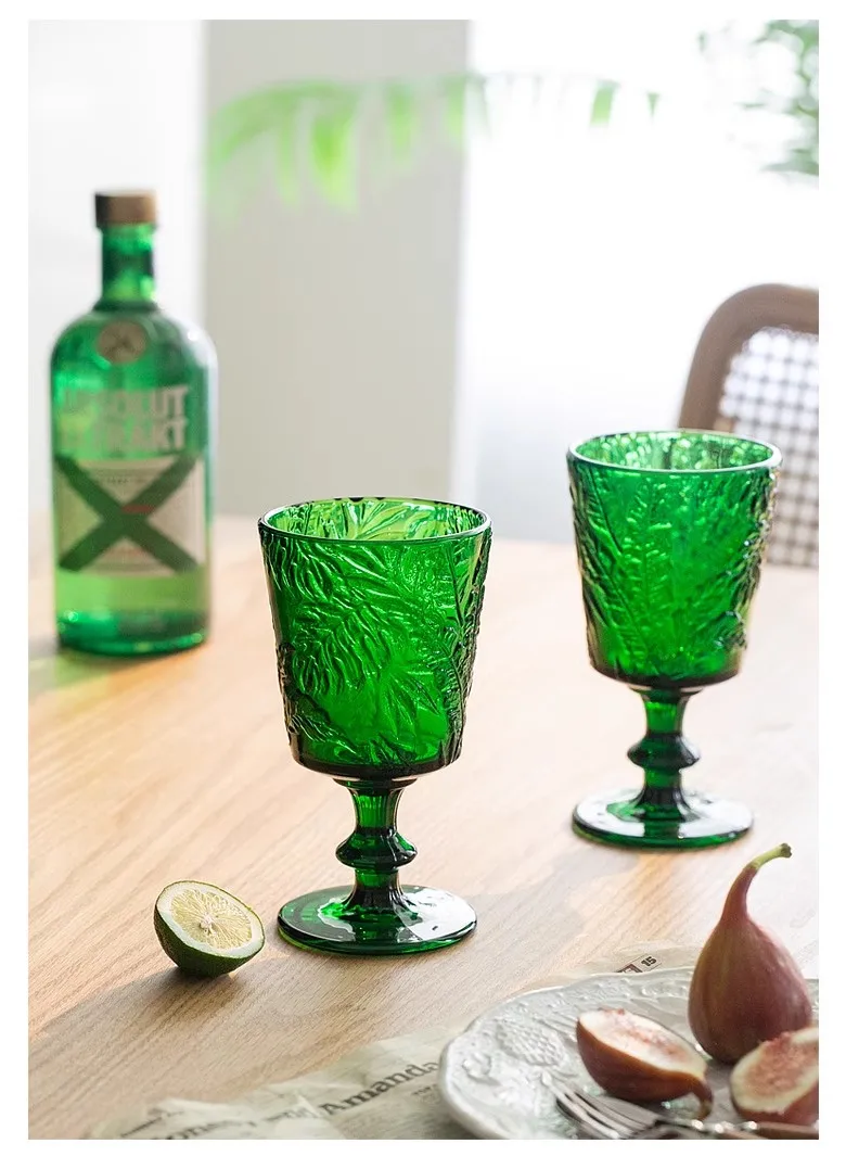 DEOUNY Vintage Embossed Green Glasses Goblet Heavy Thick Dessert Wine Glasses Goblets Stemware Side Water Whiskey Glass Cup