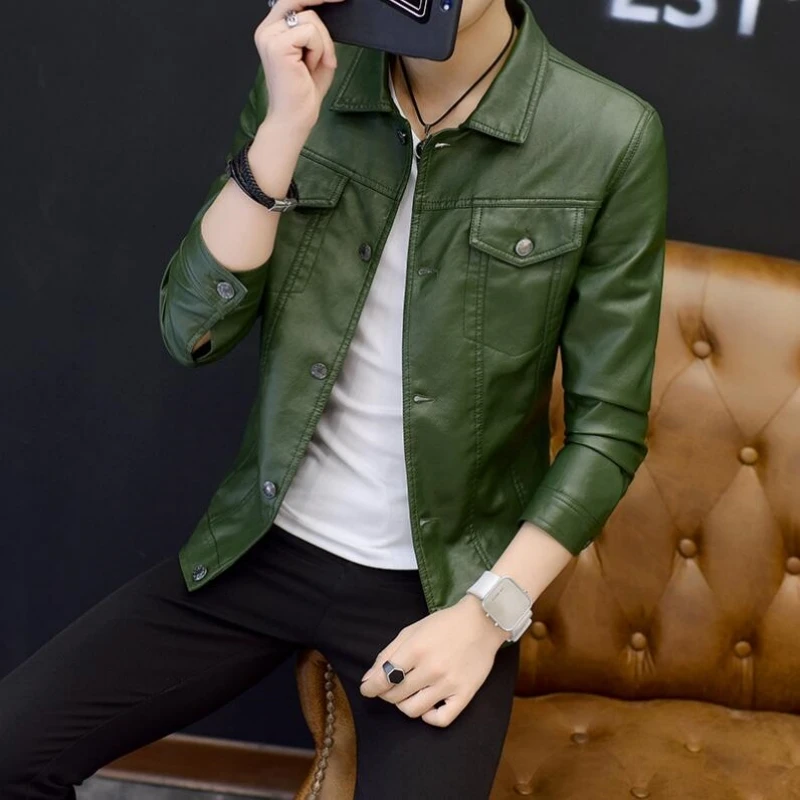 

2023 Men's Fashion Youth Lapel Faux Leather Jacket Korean Casual Slim Locomotive PU Leather Coat Man Shirts Jacket Male Clothing