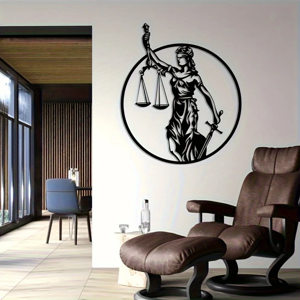 1pc Metal Justice Goddess Metal Wall Art – Vintage-Inspired Justice Figure with Scales of Justice, Sword – Elegant Metal Decor2D