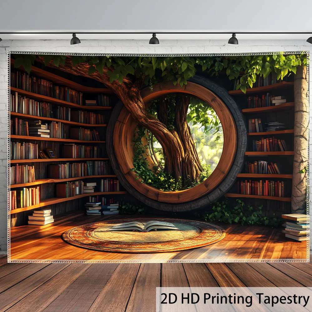 Fantasy Library Tapestry, Tree Growing Through Round Window with Bookshelves, Magical Wall Hanging for Bedroom Living Room