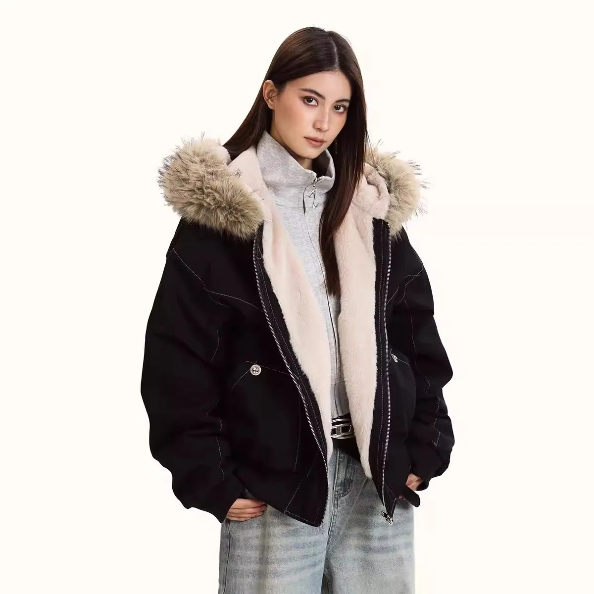 Fur collar mountain carving jacket cotton clothes women's winter thickened loose American tooling jacket velvet tide