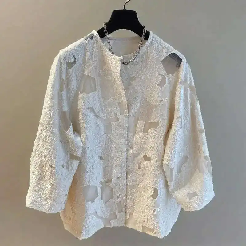 

Summer Chic High Street Jacquard Design Women White Shirt Temperament Beautiful All-match Long Sleeve Blouses