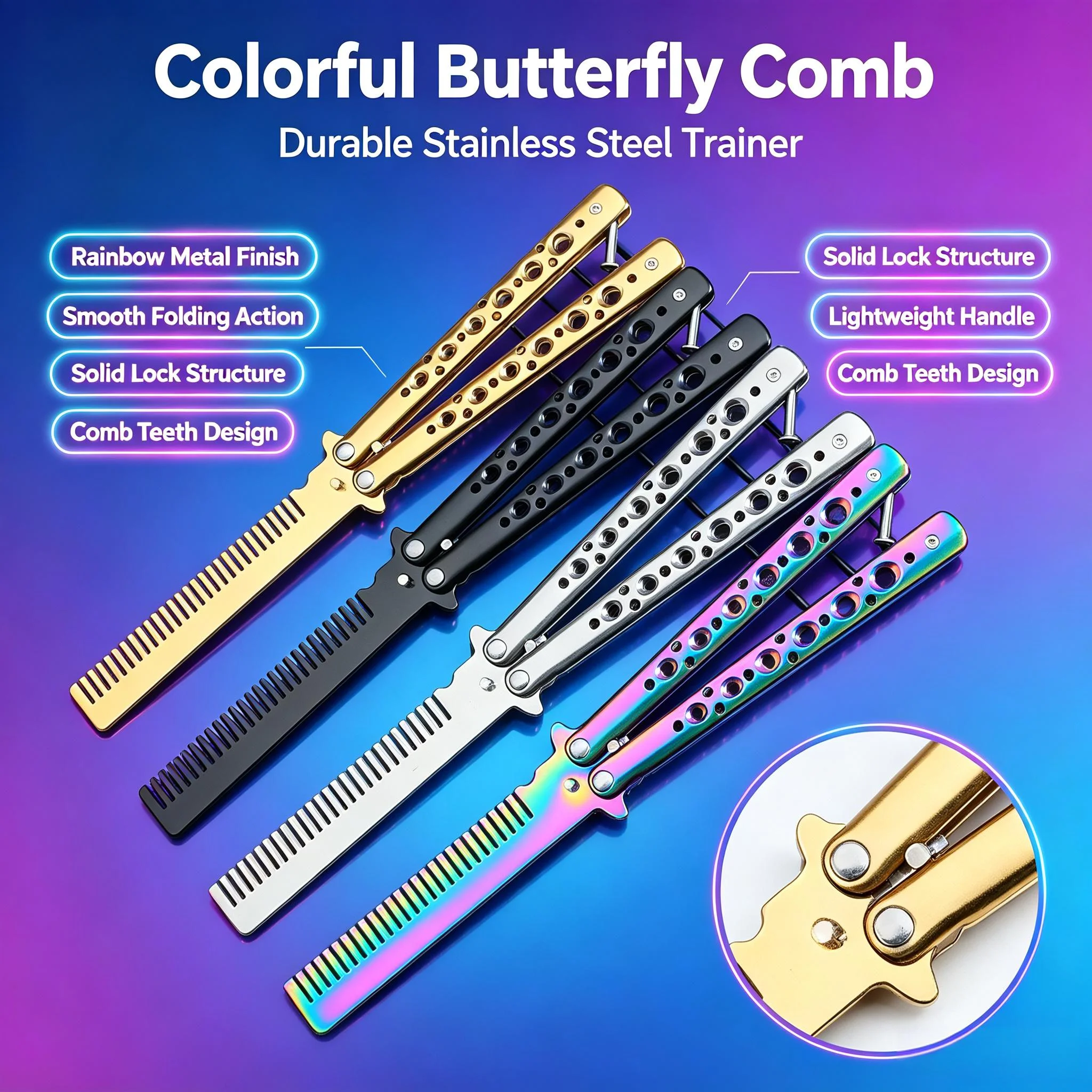 Swing Comb Stainless Steel Folding Butterfly Comb Novice Practice Training Hair Styling Tool