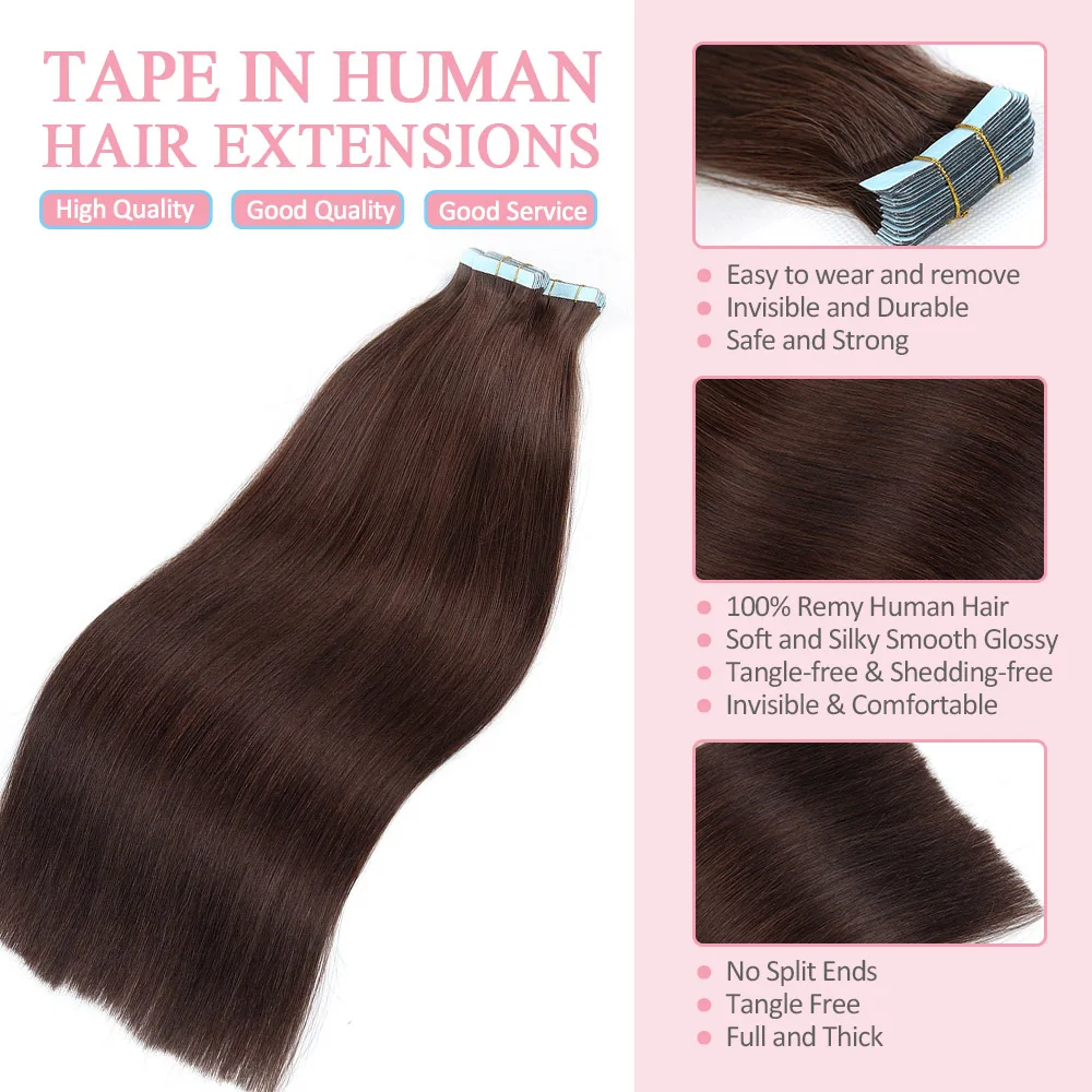 Straight Tape in Hair Extensions Human Hair PU Skin Weft Human Hair Invisible Tape Hair Seamless Tape in Hair Extension 20/40pcs