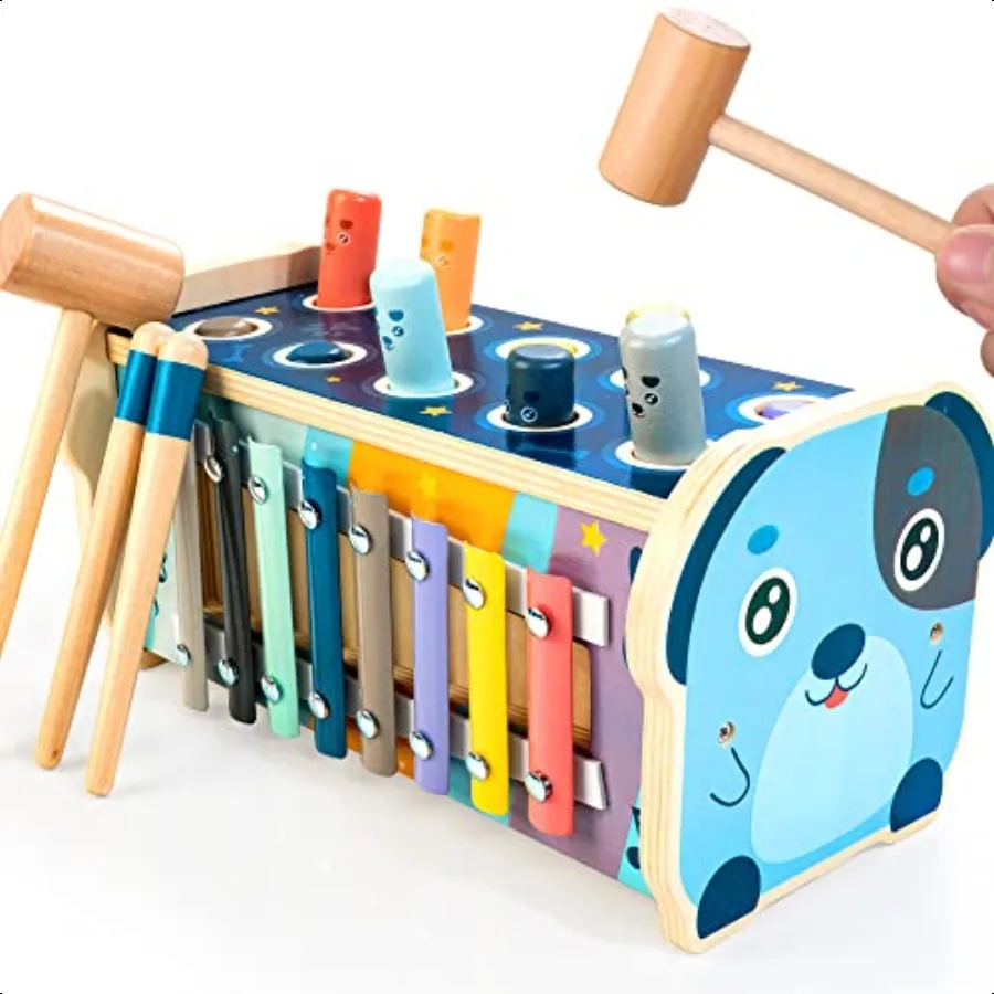 ウィル・モンタリ 1歳・2歳児向け木製ハンマリングアクティビティボード、シロフォン、数字迷路、叩き台教育玩具