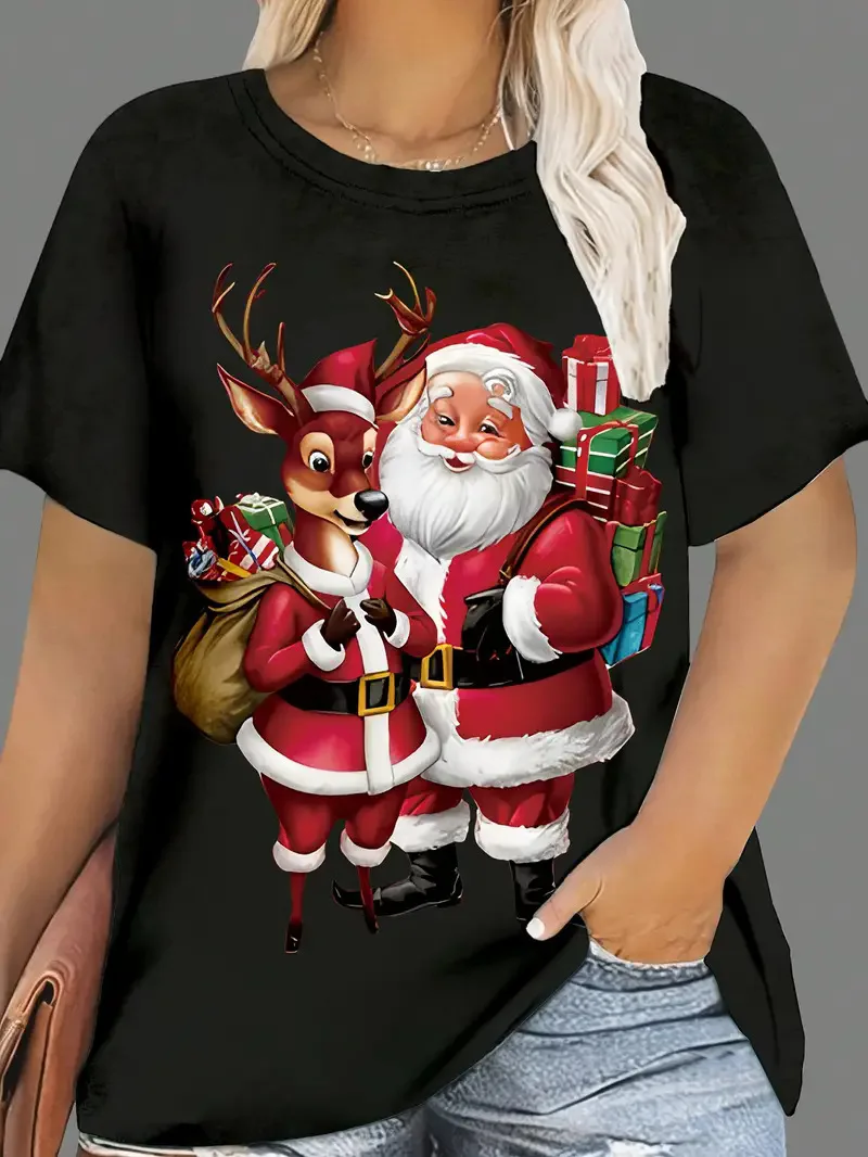 Cotton 100% Women O Neck T Shirt Santa and Reindeer Gift Print Short Sleeve Casual Ladies Christmas Holiday Fashion Tees Tops