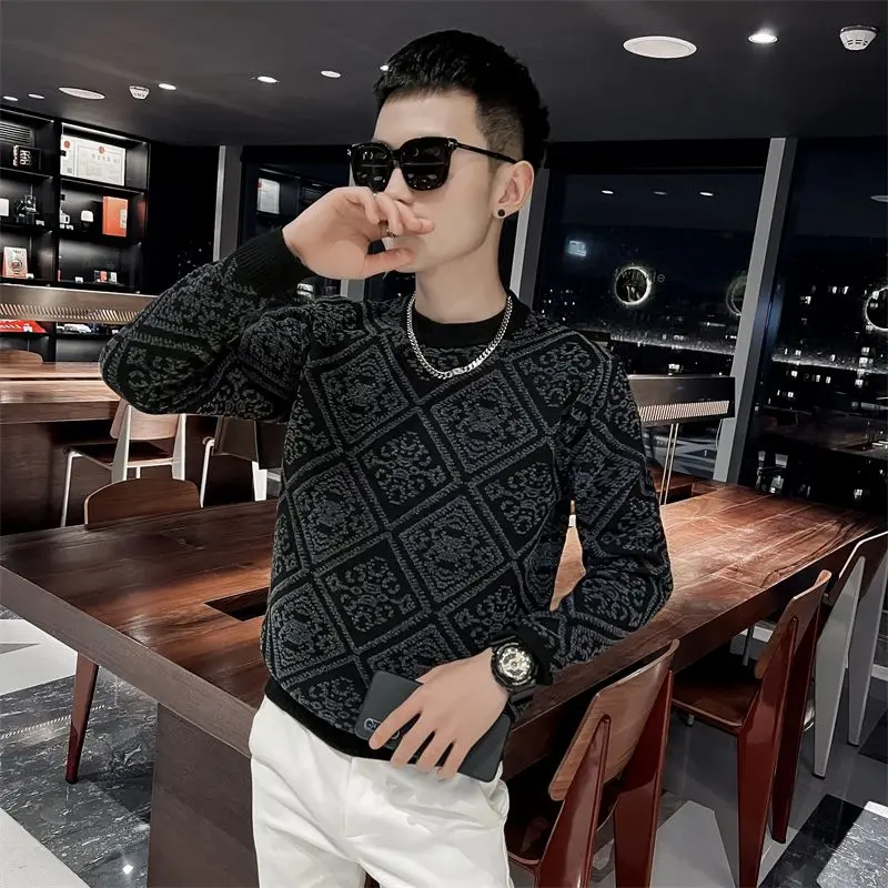 Autumn Winter KPOP Fashion Style Harajuku Slim Fit Tops Loose All Match Casual Knitwear Jacquard Weave Insert O Neck Sweaters