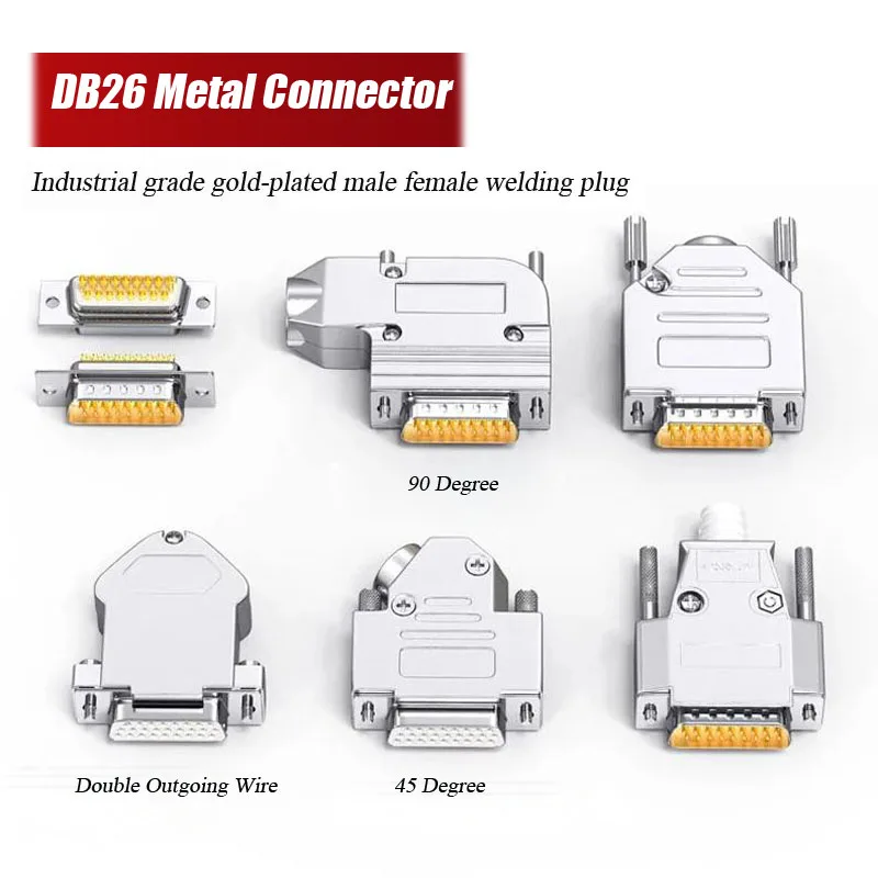 Metal DB26 Soldering Connector 3 Rows 26Pin Plug with 45/90 Degree Shell Industrial Grade Welding DB26 Male Female Connector