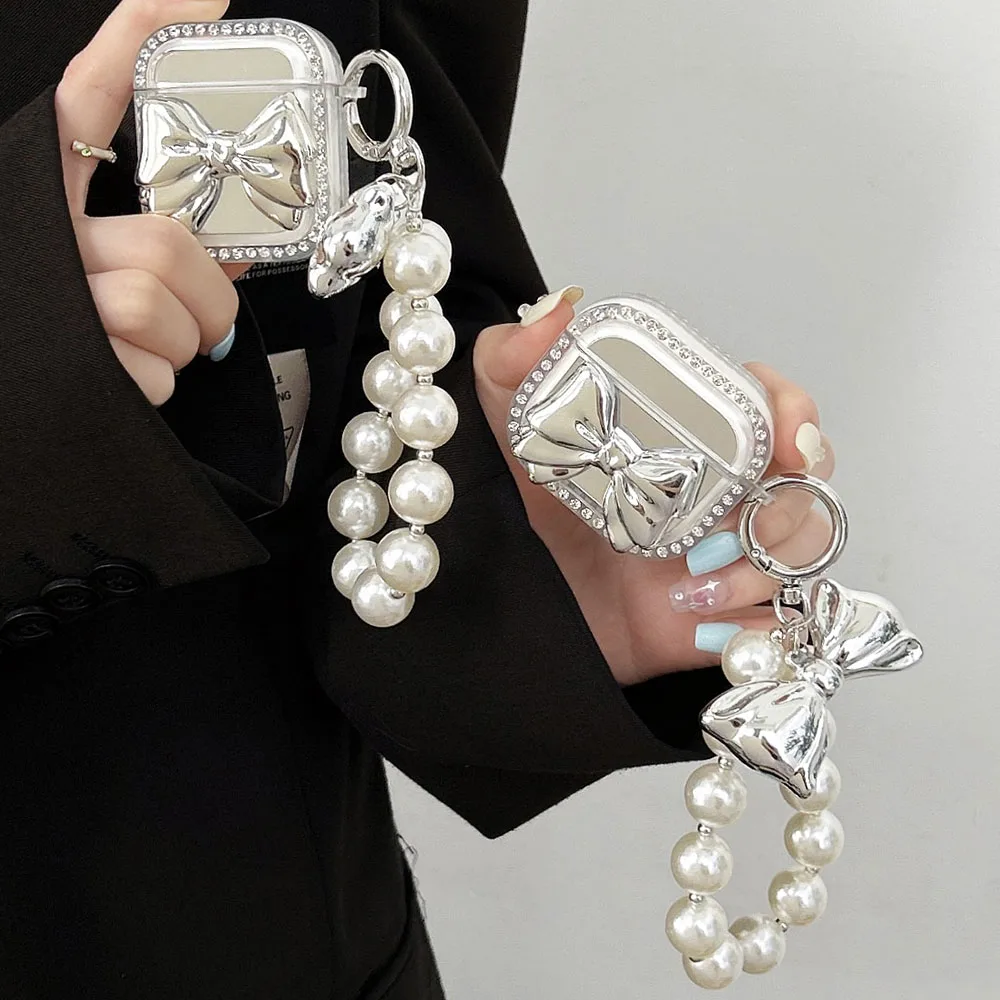 

Роскошный зеркальный чехол со стразами и гальваническим покрытием с 3D-бантом для Apple AirPods Pro 2 1 3, чехол для зарядки наушников с жемчужным браслетом