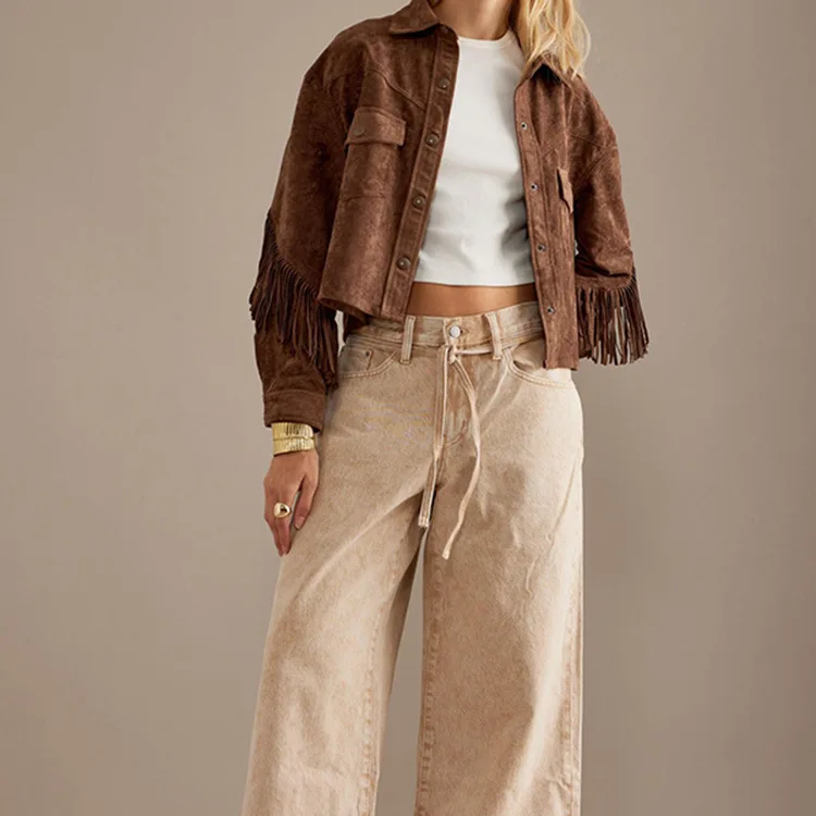Vintage Spring Autumn Bomber Jacket Brown Coat Lapel Fringe Long-sleeved Outerwear Streetwear Trends Single-breasted Cropped Top