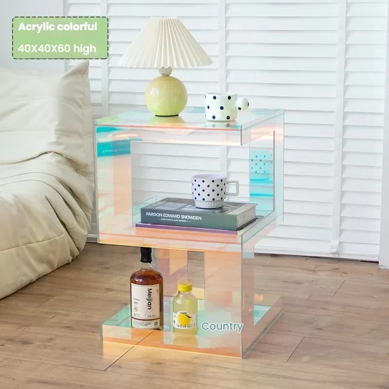 

Simple Iridescent Acrylic Coffee Side Table with Drawer Space-Saving Light Luxury Fashion Furniture for Living Rooms and Hotels