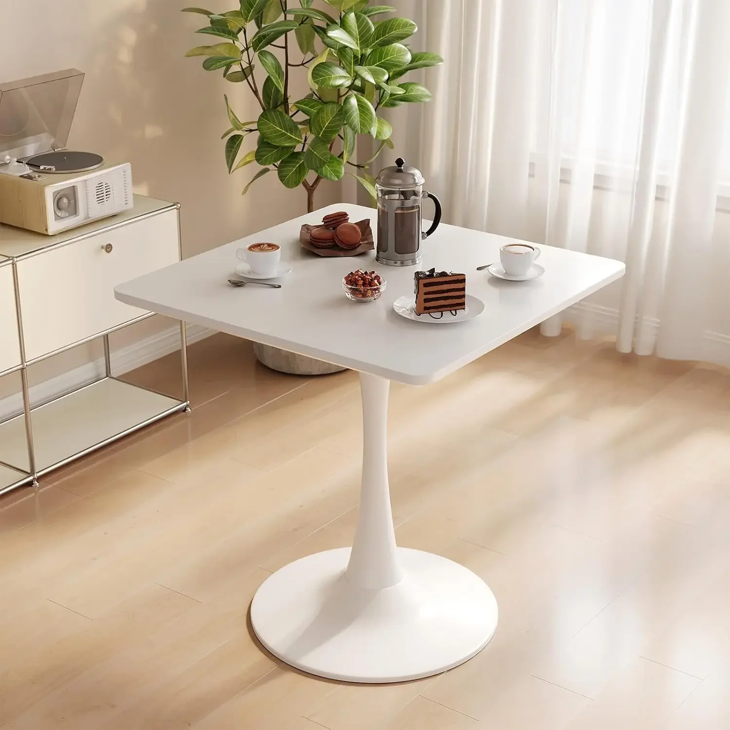 White Square Tulip Table for 2, 24 Inch Small Dining Table with Metal Pedestal Base for Kitchen, Mid-Century Modern Table