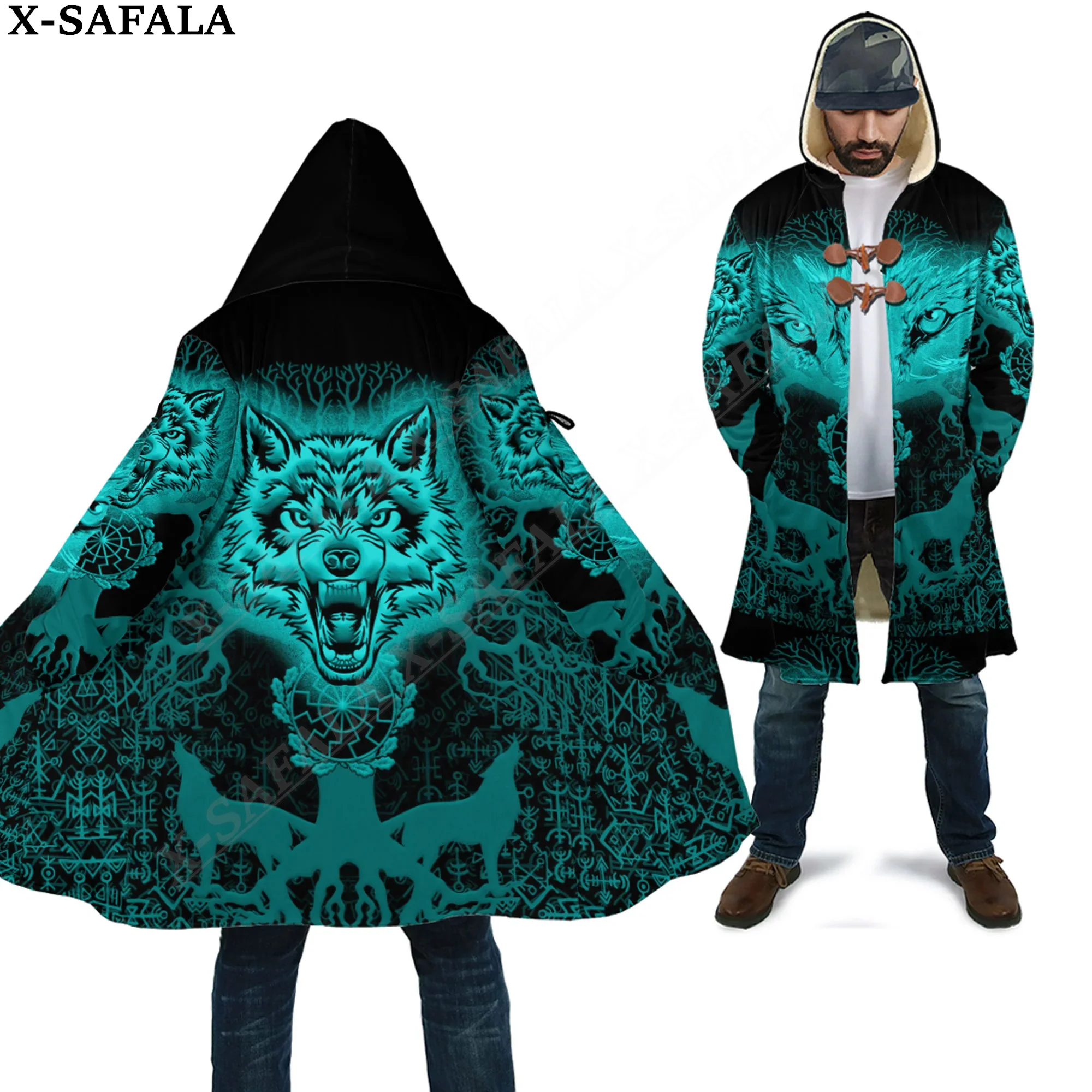 

Wolf And Tree Tattoo Symbol Viking Odin Overcoat Coat 3D Print Thick Warm Hooded Cloak Men Windproof Fleece Unisex-3