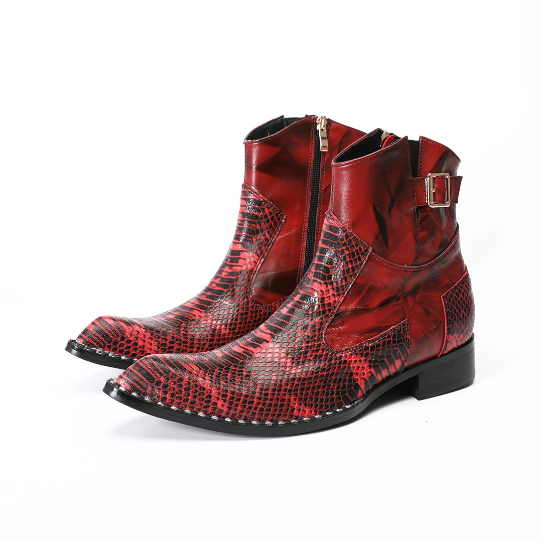 Red Snake Pattern Pointed Toe genuine Leather Ankle Boots Men Plus Size Zip Motorcycle Cowboy Short Boots Male Club Party Shoe