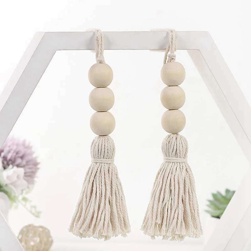 Wood Bead Garlands,Farmhouse Beads Tassels, Rustic Country Decor Prayer Beads for Home Door Knob Decor(4Pcs)