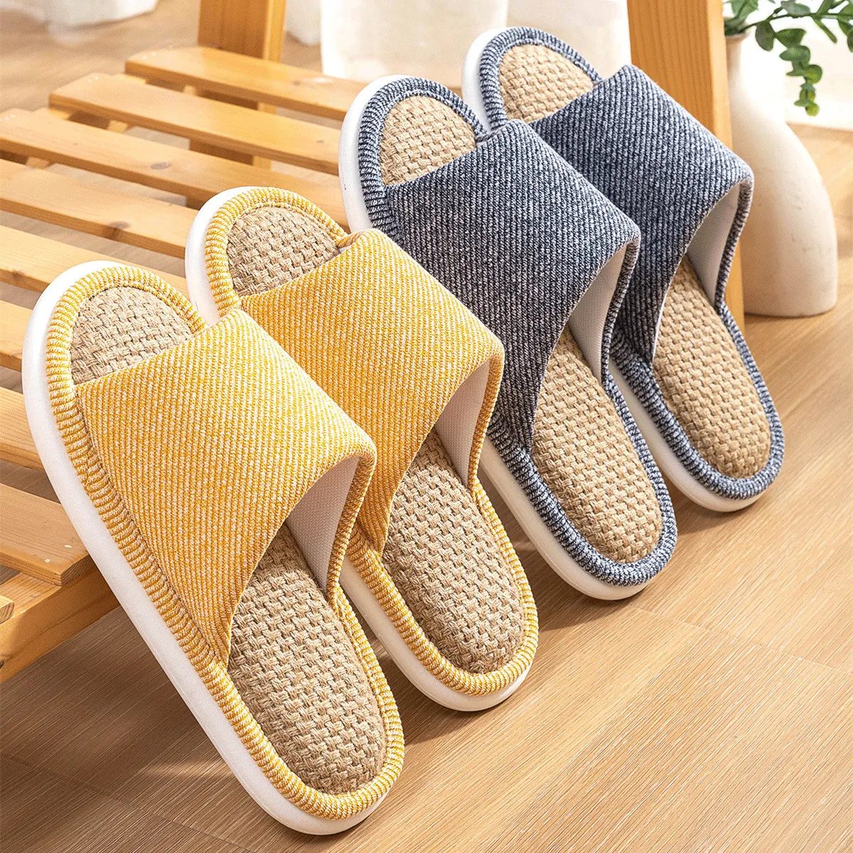 Zomer Nieuwe Linnen Damesslippers Ademende Flats Comfortabele Indoor Mannen Thuis Schoenen Zachte Zool Antislip Koppels Casual Slides